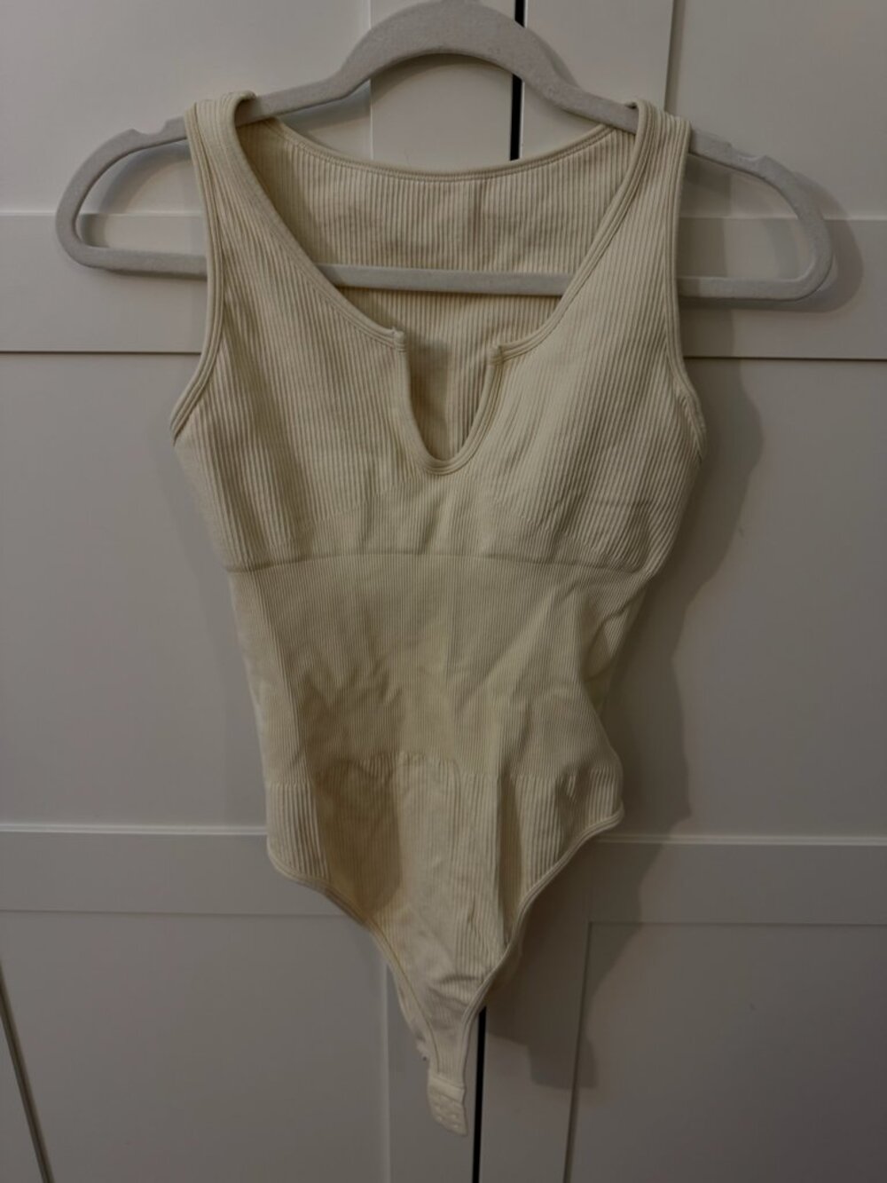 Bundle: Two Split Neck High-Stretch Ribbed Bodysuits Black/Cream - Sz S/XS